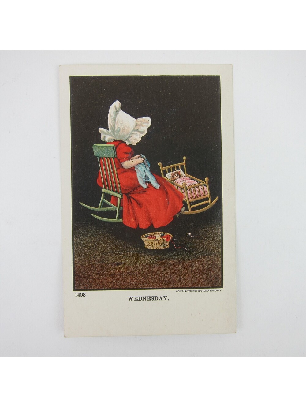 Postcard Sunbonnet Girl Red Dress Sews Doll Days of Week Wednesday Antique 1905